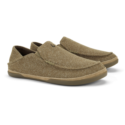Pair of tan woven slip-on loafers with tan rubber soles and stitched seams.