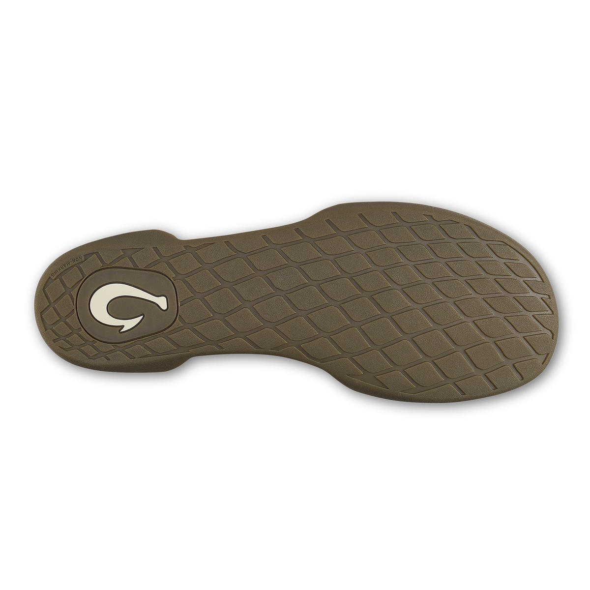 Clay-colored shoe sole with quilted tread pattern and white logo emblem on heel.