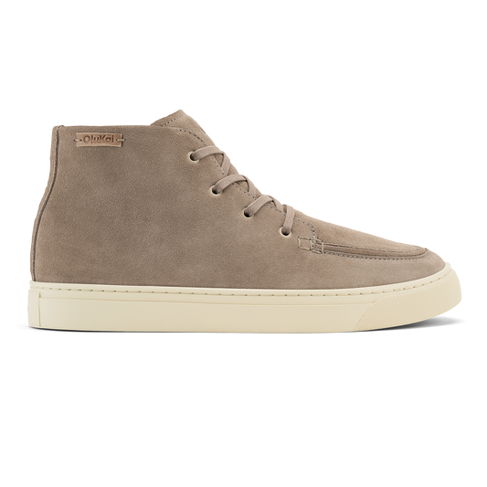 Taupe grey suede chukka boot with tan laces and cream-colored sole, shown in side profile.