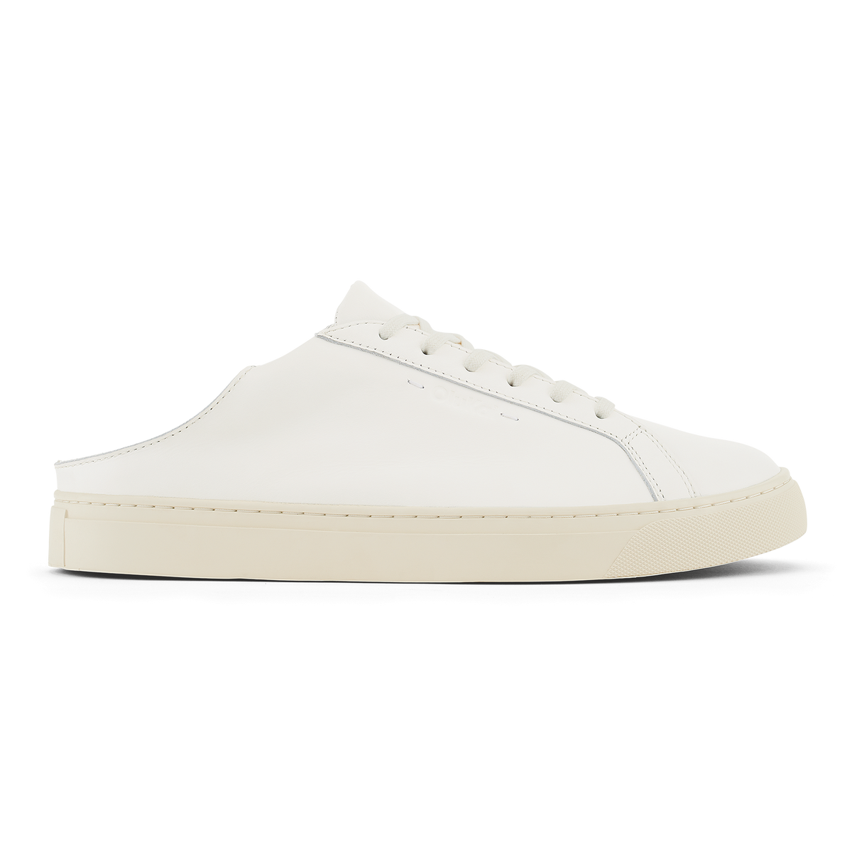 White leather lace-up mule sneaker with cream rubber sole and stitched detailing.