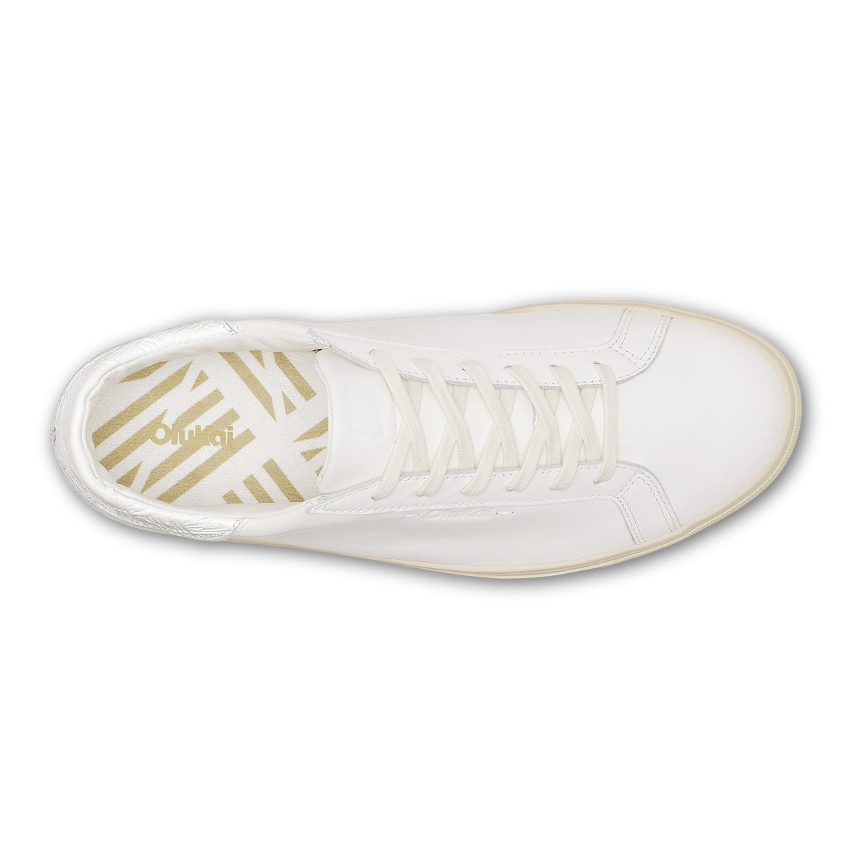 White high-top lace-up sneaker with striped insole and cream-colored sole, shown from above.