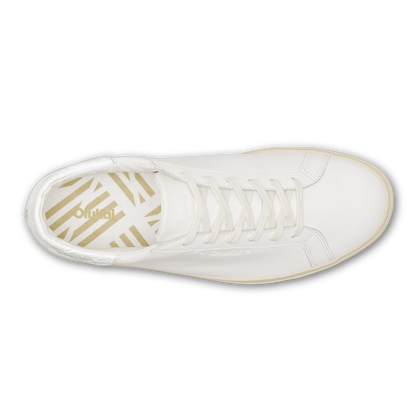 White high-top lace-up sneaker with striped insole and cream-colored sole, shown from above.