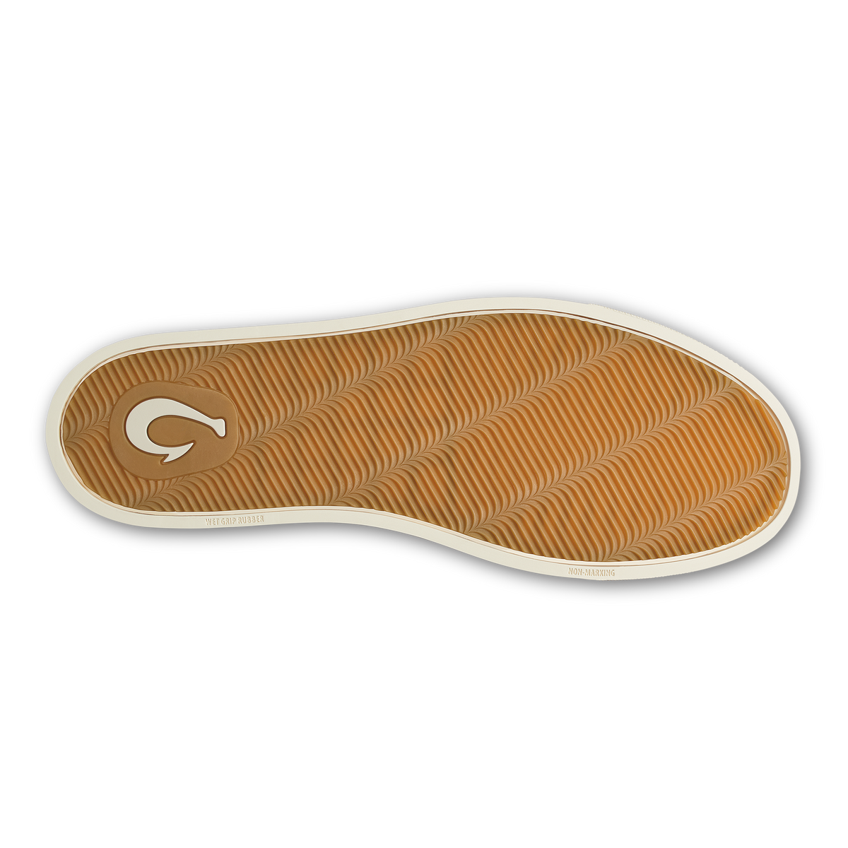 White lace-up sneaker sole with tan ribbed pattern and white rubber trim.