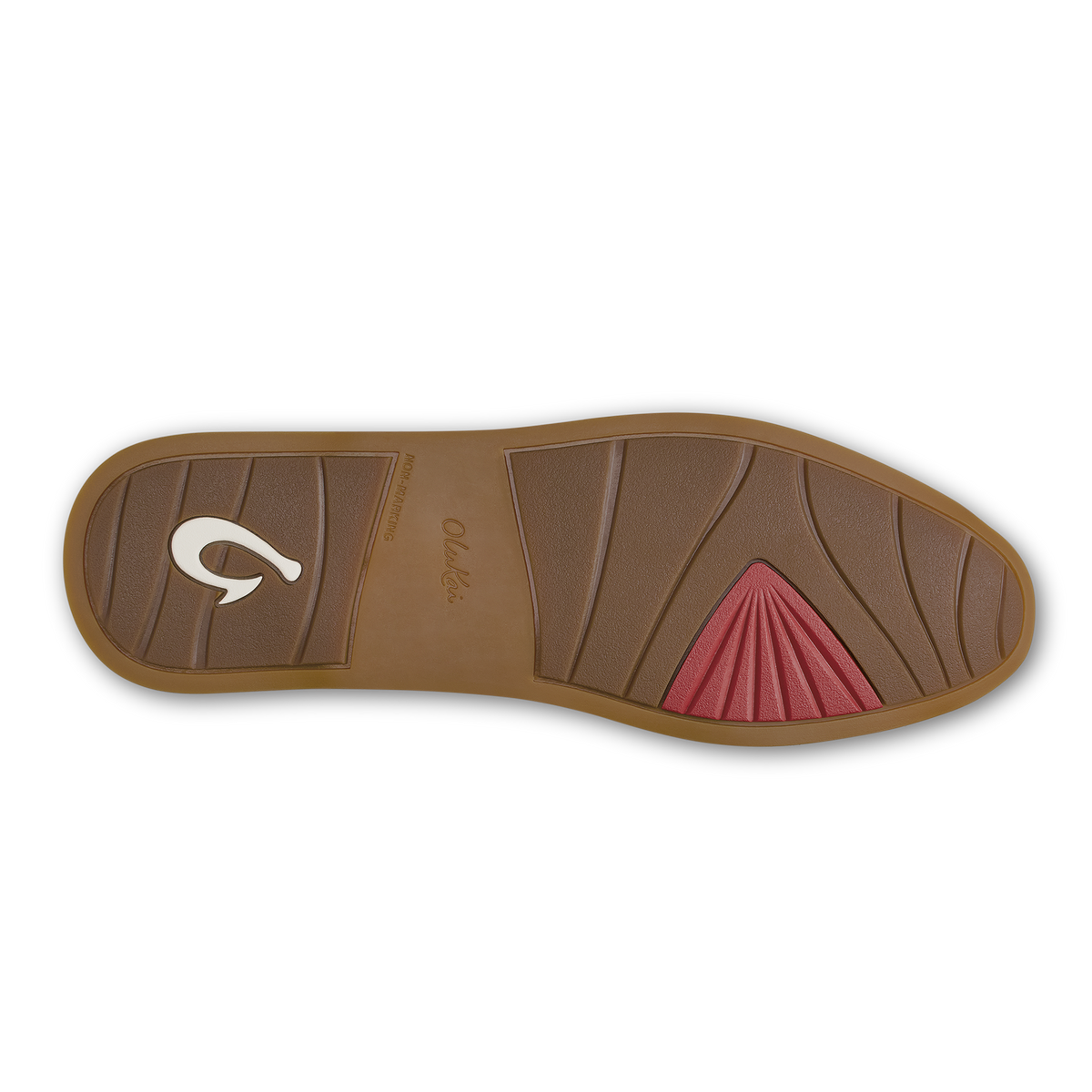Brown shoe sole with white logo on left, pink shell-shaped design on right, and textured tread pattern throughout.
