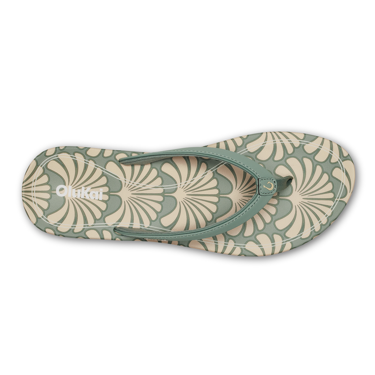 Sage green flip-flop with cream fan-pattern design and green toe post, viewed from above.