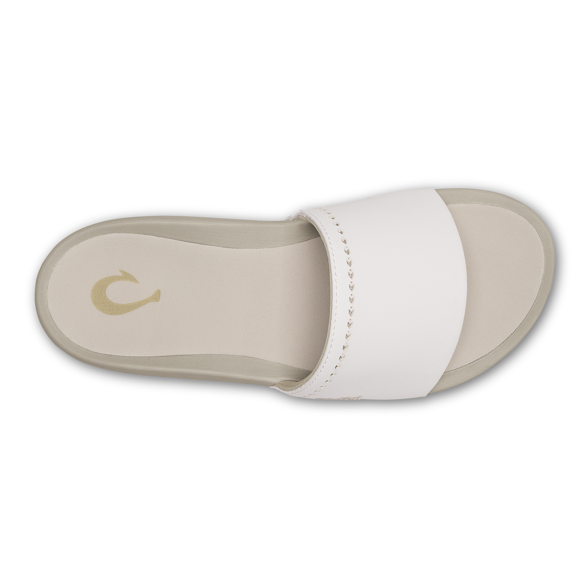 White slide sandal with beige sole and strap, featuring decorative stitching detail.
