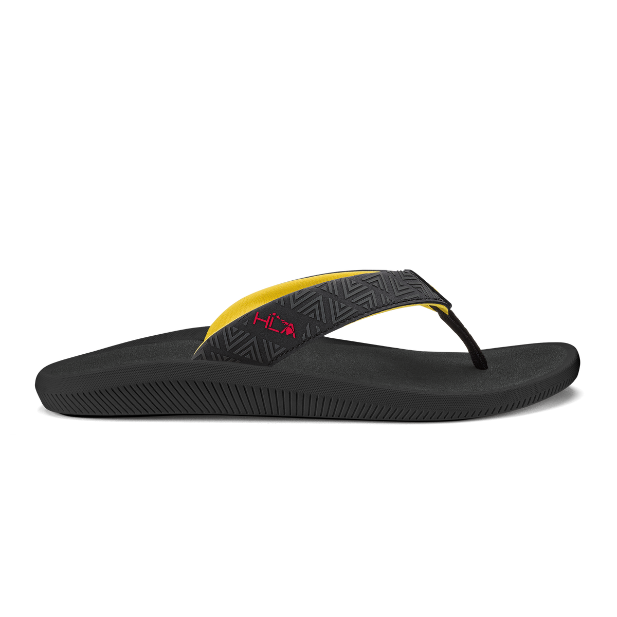 Black flip-flop sandal with yellow and patterned black thong strap and textured sole.