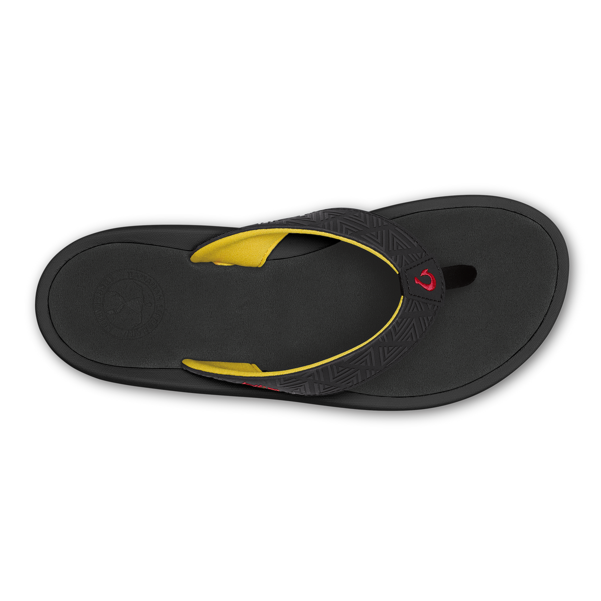 Black flip-flop sandal with yellow strap and red accent detail on the toe post.