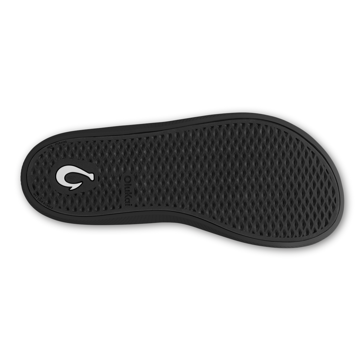 Black shoe sole with textured tread pattern and white curved logo on heel.