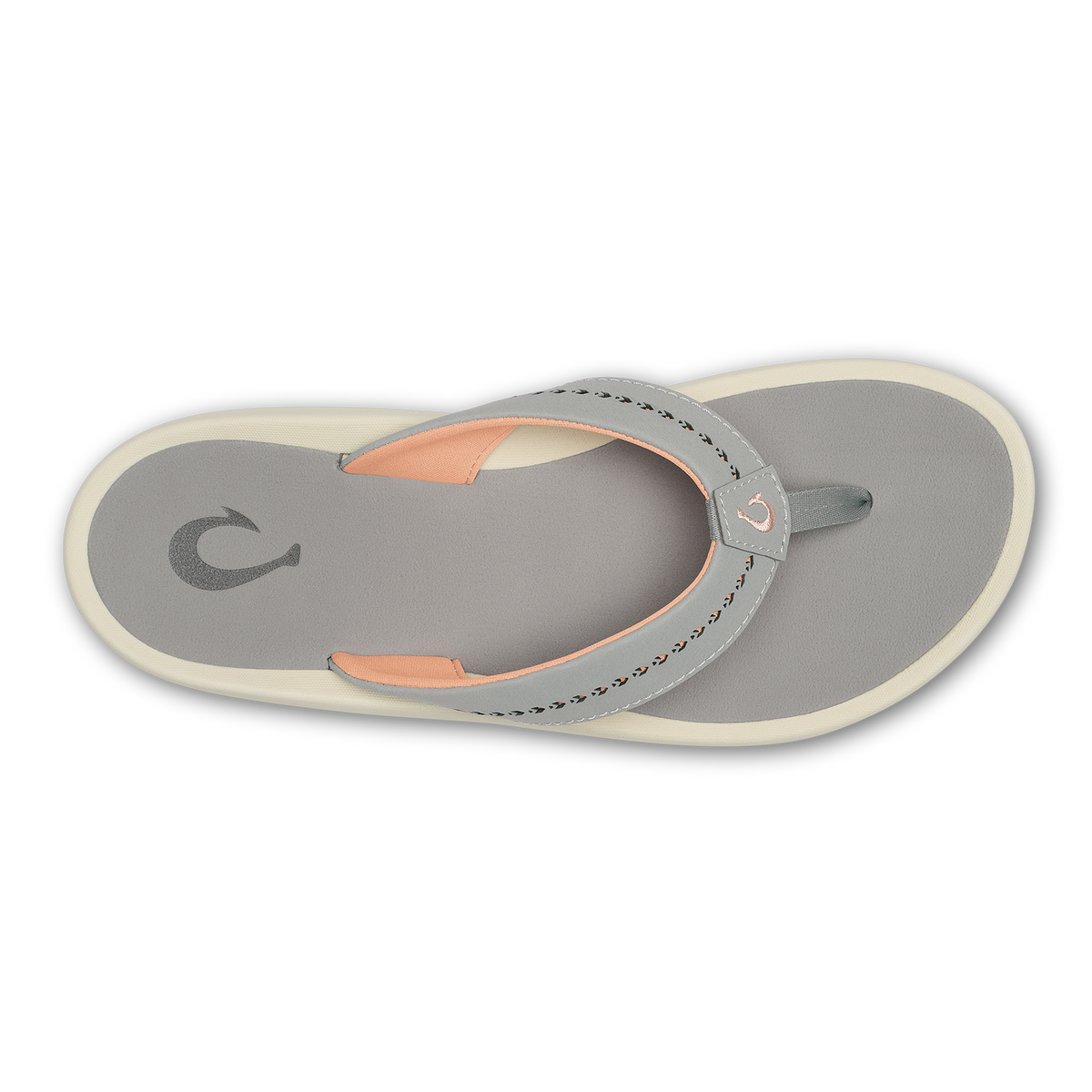 Gray thong sandal with cream sole, orange accents, and curved strap detail, shown from above.