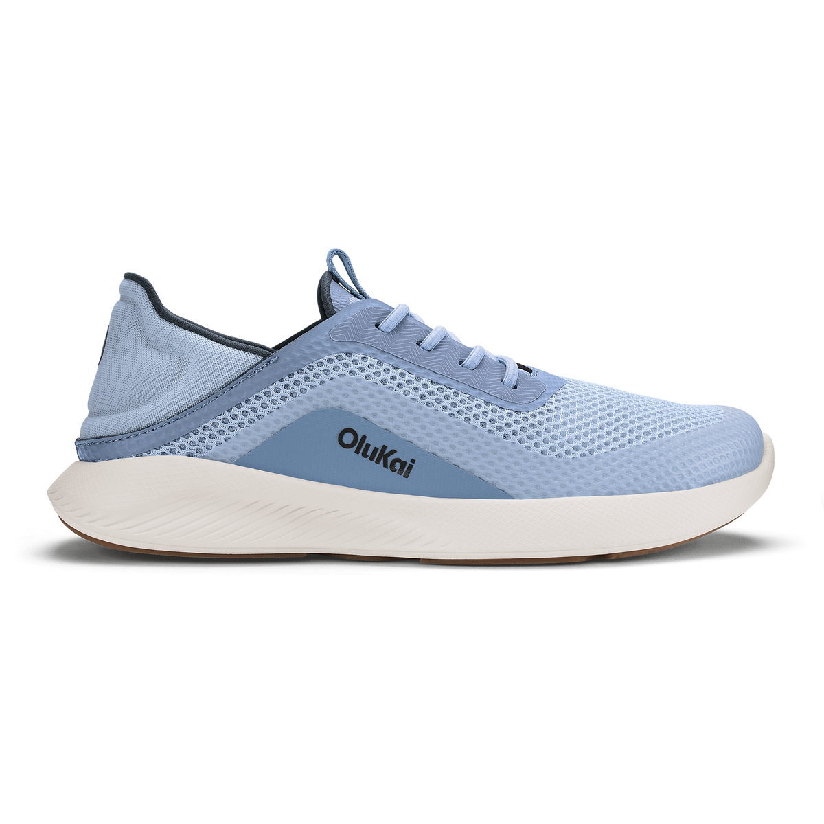 Light blue mesh running shoe with white midsole, dark blue heel counter, and Olukai branding on the side.