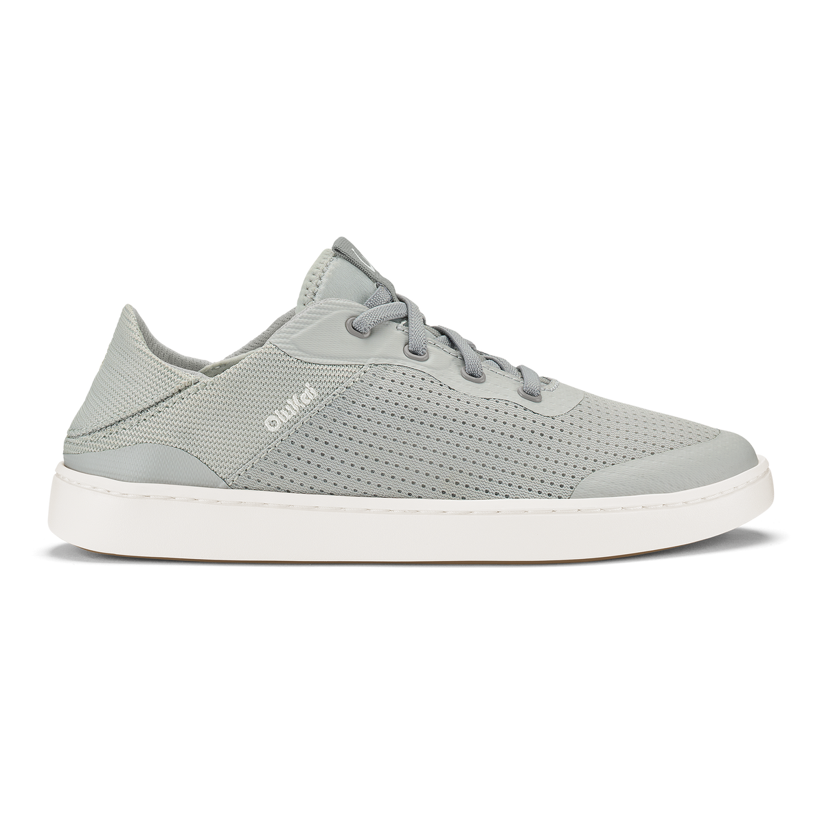 Cloud grey perforated sneaker with white sole and grey laces, side profile view.