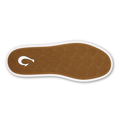 Shoe sole with brown textured rubber tread, white trim, and centered logo cutout.