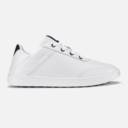 White leather lace-up sneaker with dark blue heel tab and toe cap detail.