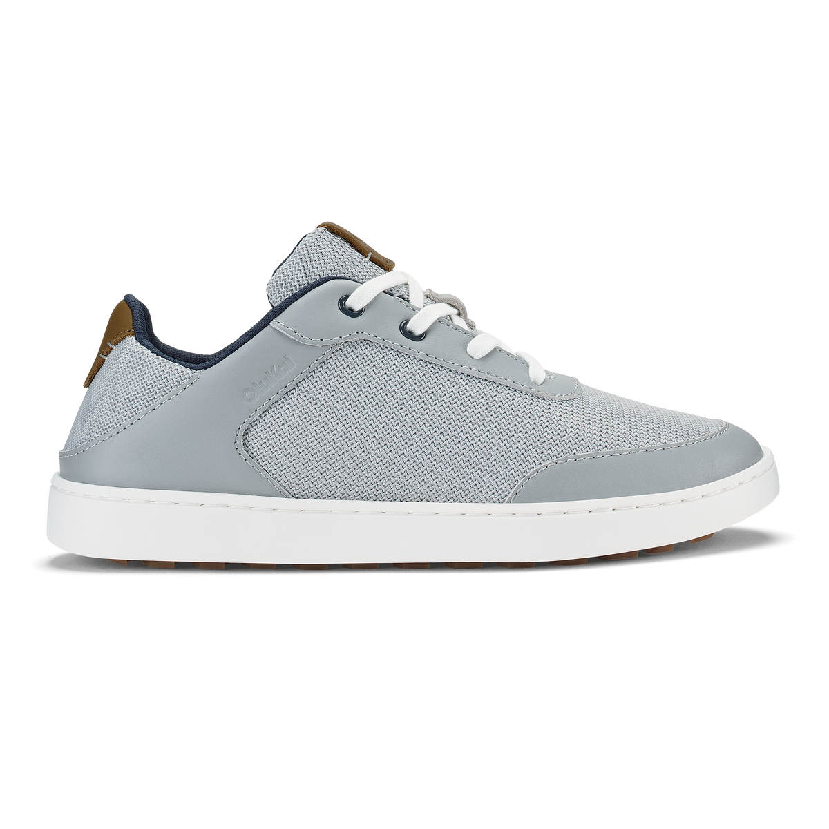 Light grey mesh and leather sneaker with white lace-up closure and tan heel accent on white sole.
