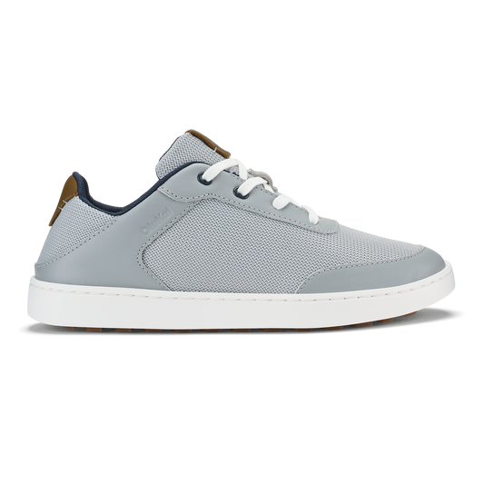 Light grey mesh and leather sneaker with white lace-up closure and tan heel accent on white sole.