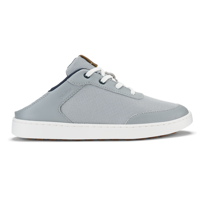 Cloud grey and tan slip-on sneaker with white laces and sole, mesh and leather upper.