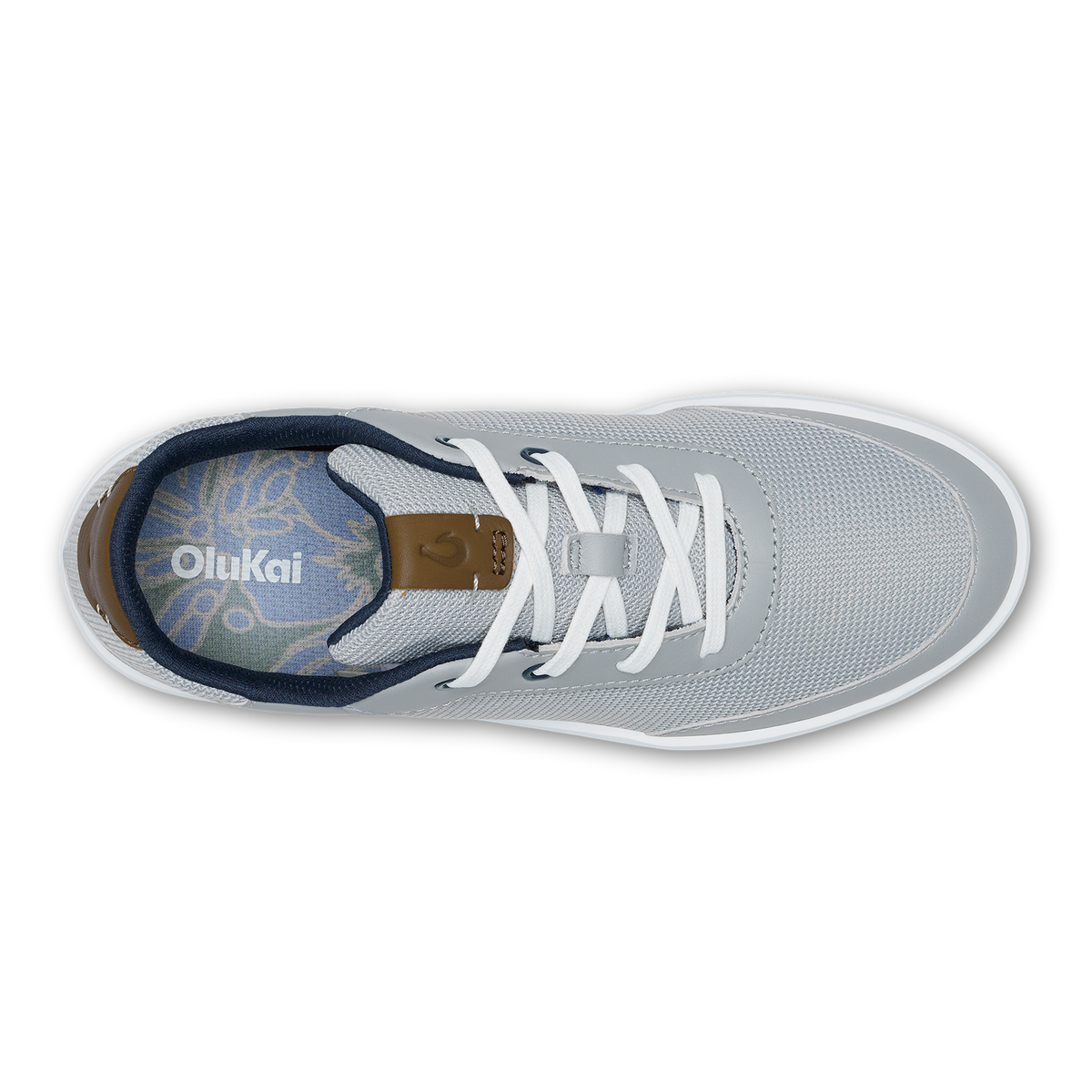 Light grey mesh sneaker with white laces, tan heel tab, and dark blue interior lining, shown from above.
