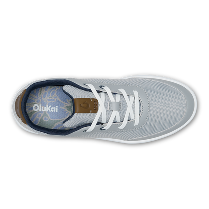 Light grey mesh sneaker with white laces, tan heel tab, and dark blue interior lining, shown from above.