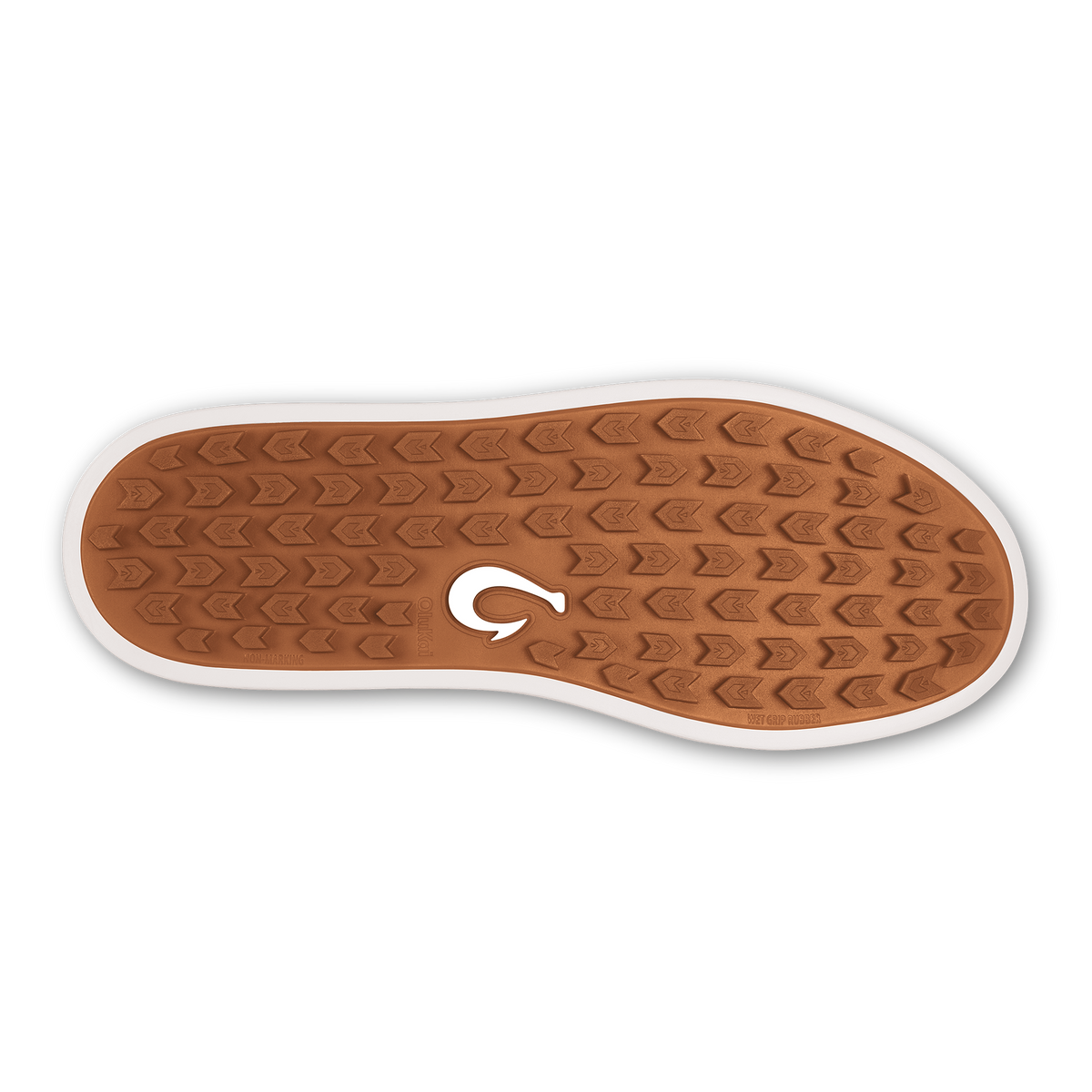 Tan rubber sole with white trim and chevron tread pattern, featuring white brand logo in center.