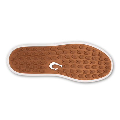 Tan rubber sole with white trim and chevron tread pattern, featuring white brand logo in center.
