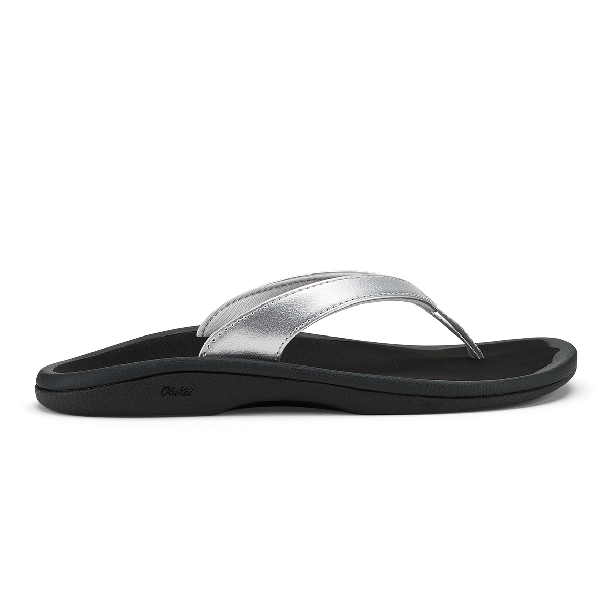 Silver and black thong sandal with curved footbed and metallic upper strap.