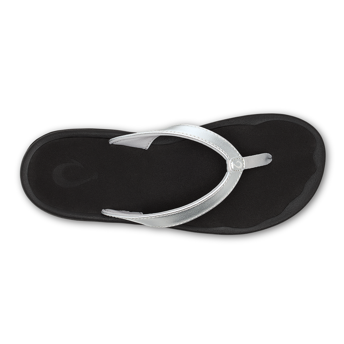 Black flip-flop sandal with silver metallic thong strap and circular toe post detail.