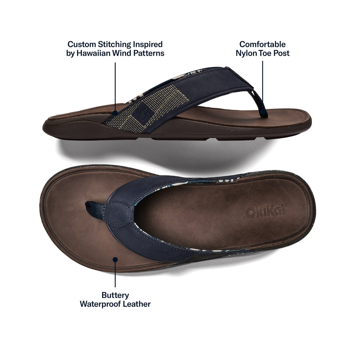 Navy blue and dark brown flip-flop sandal with patterned toe post strap shown from side and top views.