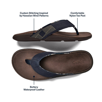 Navy blue and dark brown flip-flop sandal with patterned toe post strap shown from side and top views.